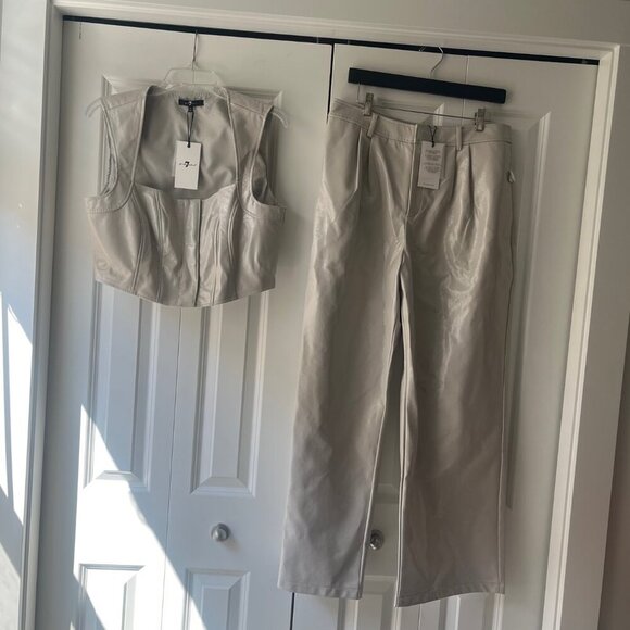 NWT 7 For All Mankind Vegan Leather Corset Vest Wide Leg Pant Set Beige Gray, L - Picture 2 of 9